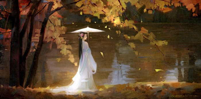 Jiang Yanli with Umbrella by the Water