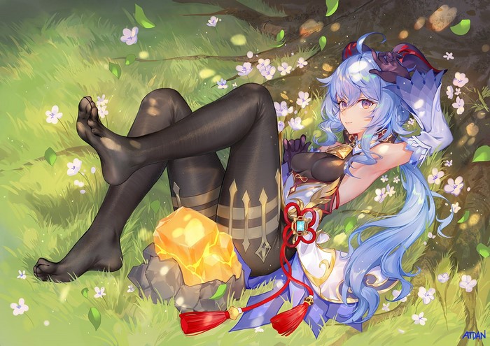 horns, long hair, blue hair, artwork, toes, 2D, Ganyu (Genshin Impact), purple eyes, anime girls, grass, Atdan, bodystockings, portrait, feet, anime, digital art, Genshin Impact