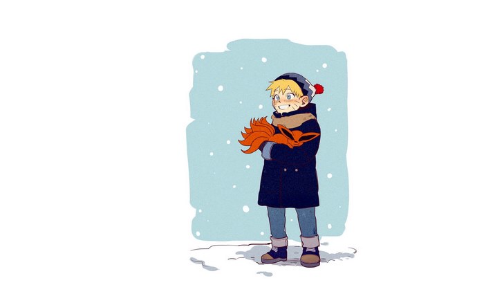 Naruto Uzumaki in winter coat holding a fox