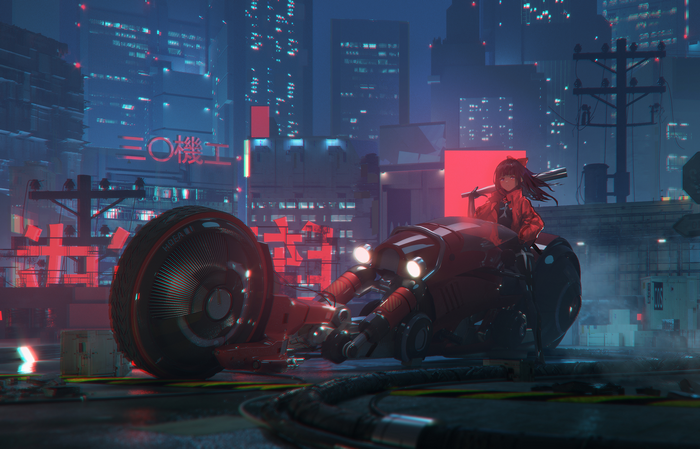 cyborg, novelance, city, science fiction, anime girls, night