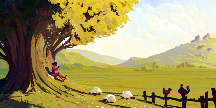 Person reading under a tree with sheep and chickens in a field
