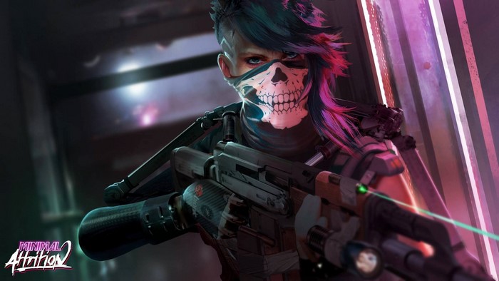 cyborg, dyed hair, artwork, mask, girls with guns, digital art, undercut (hairstyle), black rifle, gun, ArtStation, David Paget, screen shot, digital painting, women, assault rifle