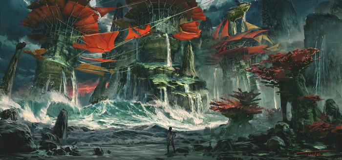 4K, storm, digital art, drawing, sea, Jude Smith, digital painting, waves, rocks, digital, artwork