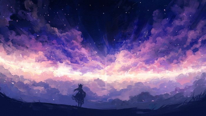 clouds, nightscape, purple sky, digital art, horns, digital, digital painting, artwork, drawing, landscape