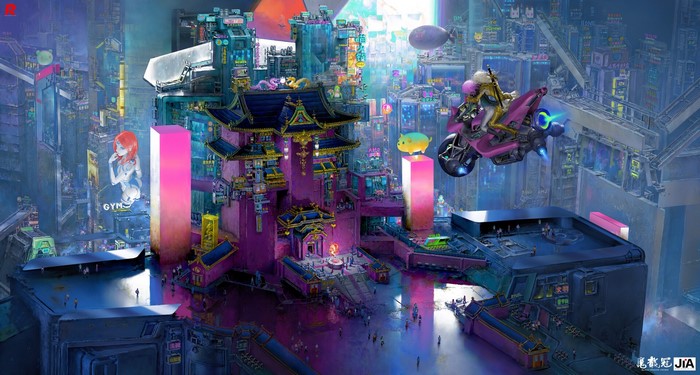flying, Ruan Jia, ArtStation, digital painting, futuristic, artwork, futuristic city, digital art