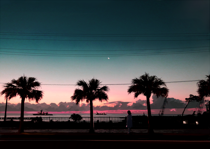 Shinoda Mugi, sunset, palm trees