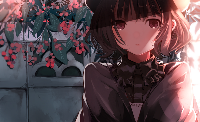 anime, Shinoda Mugi, anime girls, closeup, red eyes, brunette