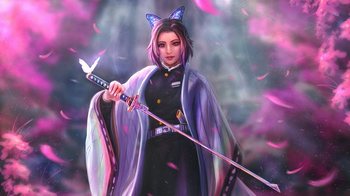 Kochou Shinobu, standing, butterfly, girls with swords, looking at viewer, fantasy girl, fantasy art, sword, Asian, short hair