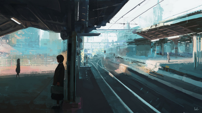 original characters, anime girls, train station, morning