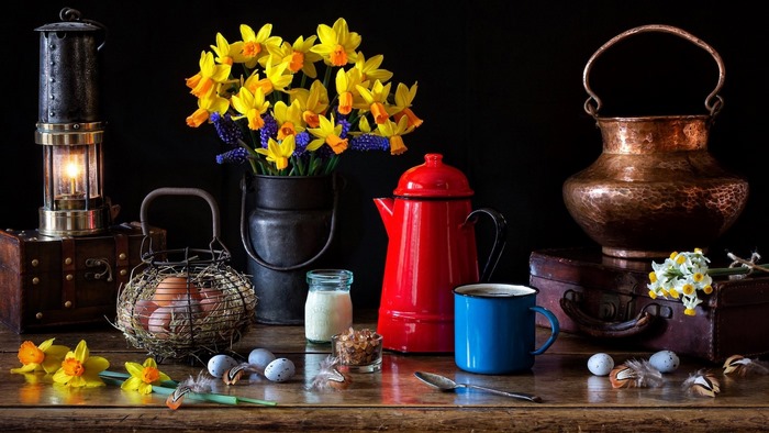 Easter still life with daffodils and eggs