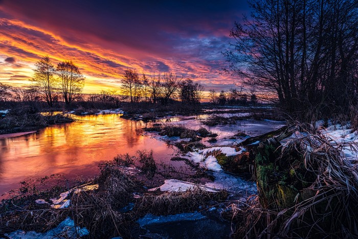 cold, winter, photography, river, trees, Michał Tomczak, sky, outdoors, sunset, clouds