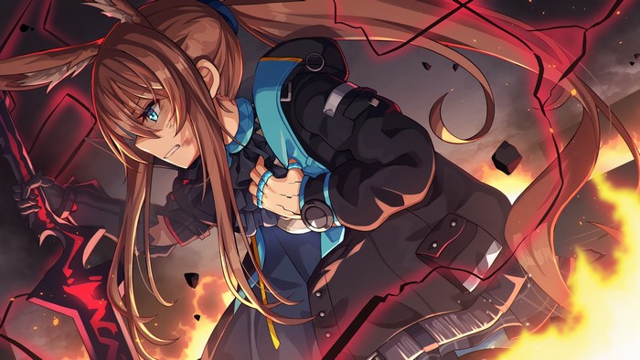ponytail, Arknights, anime, digital art, animal ears, sword, anime girls, artwork, fire, blue eyes, Amiya (Arknights), brunette, 2D