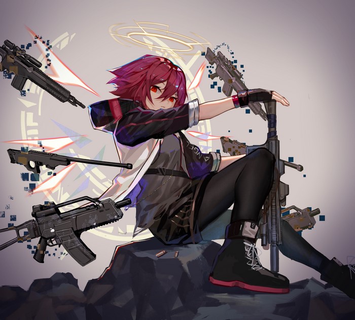 4K, redhead, weapon, red eyes, Clay (Artist), Arknights, anime girls, Exusiai (Arknights)
