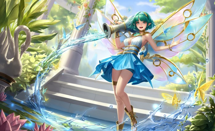 Liz Son, open mouth, green eyes, fantasy girl, plants, standing, women, green hair, pointy ears, legs, artwork, dress, legs together, fantasy art, wings, butterfly, ArtStation