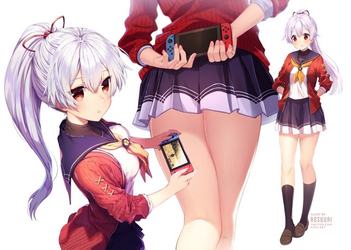 Fate Series, anime girls, blush, silver hair, ponytail, Tomoe Gozen (Fate/Grand Order), school uniform, Rosuuri, legs, consoles, red eyes, Fate/Grand Order