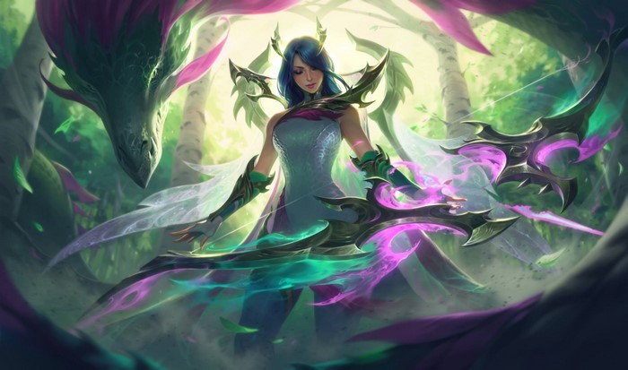 Ashe (League of Legends), fantasy girl, Riot Games, dragon, fantasy art, blue hair, creature, standing, video game art, ADC, video game girls, PC gaming, Adcarry, women, League of Legends, Ashe