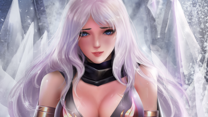 boobs, blue eyes, purple hair, fantasy girl, fantasy art, looking at viewer, long hair, women, red lipstick, League of Legends, video game art, video game girls, KDA, PC gaming, cleavage