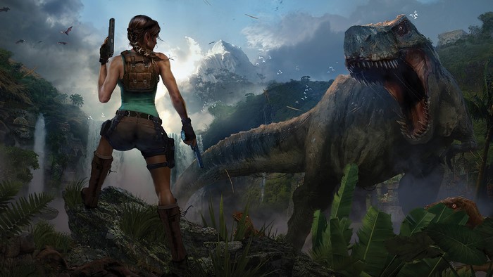 4K, braids, shorts, tank top, video game characters, women, T-Rex, jungle, Tomb Raider, Lara Croft, video games