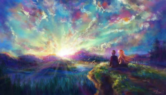 4K, landscape, Sword Art Online, anime, Yuuki Asuna, Kirigaya Kazuto