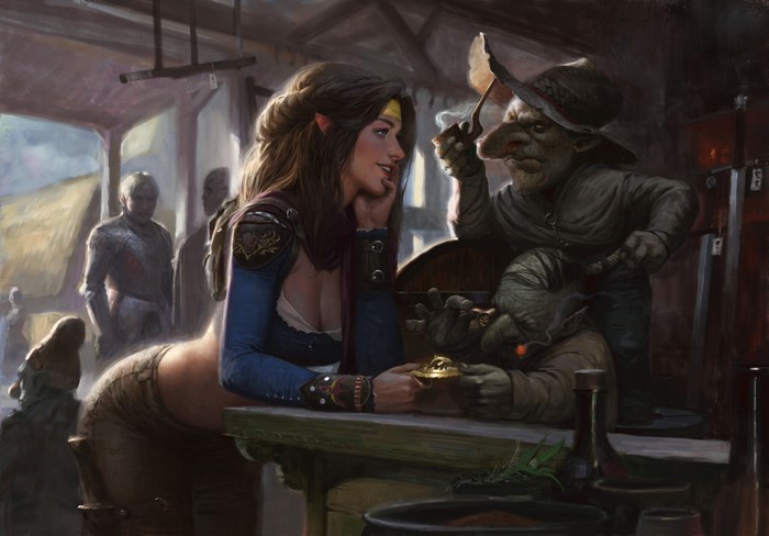 fantasy art, pointed ears, smiling, brunette, Antti Hakosaari, ArtStation, bare midriff, digital art, hand on face, drawing, belly, women, artwork, digital painting, cleavage