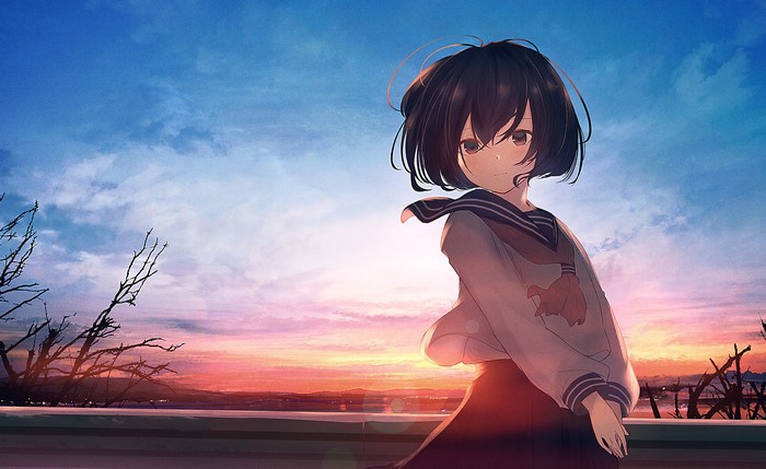 anime girls, dark eyes, Mifulu, short hair, school uniform, sunset, original characters, mifuru