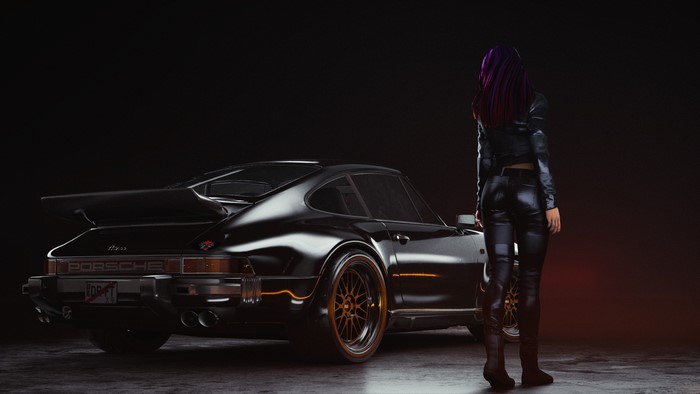 4K, women, digital art, Porsche, ArtStation, women with cars, CGI, David Baylis, cyberpunk, Cyberpunk 2077, game art, black background, 3D, black, car, video game art