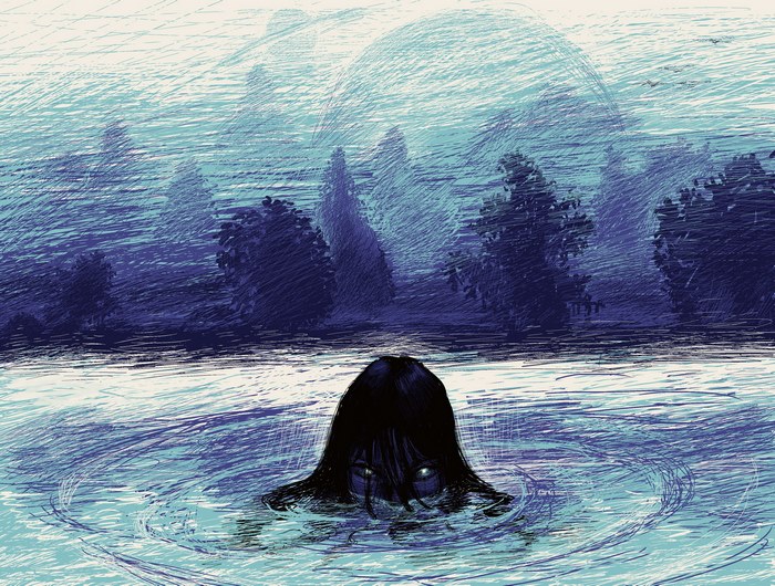 Creepy woman emerging from water
