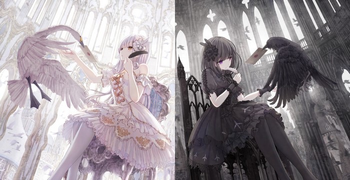 crow, anime, original characters, dress, brown eyes, silver hair, purple eyes, dark hair, anime girls, missile228, swan, pantyhose, animals