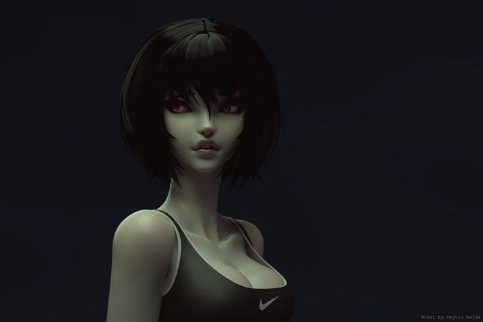 4K, pink eyes, Long Neck, looking at the side, CGI, women, dark background, short hair, Olivier Couston, ArtStation, looking away, digital painting, digital art, cleavage, face, artwork, dark hair
