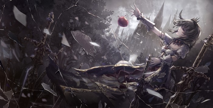 missile228, goths, black, Snow White, brown eyes, brunette, apples, dress, palace, broken glass, anime girls