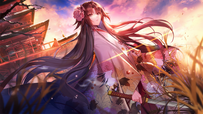 Fate/Grand Order, Kara no Kyoukai, sword, Ryougi Shiki, Kernel Killer, Fate Series, kimono, katana, anime girls, Japanese clothes, architecture, brunette, long hair, brown eyes