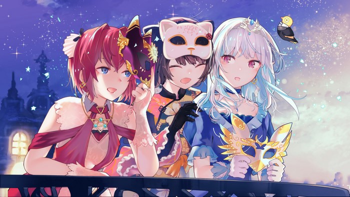 4K, anime girls, Nijisanji, Inamori Ryusago, Virtual Youtuber, mask, Lize Helesta, Ange Katrina, dress, anime, Inui Toko