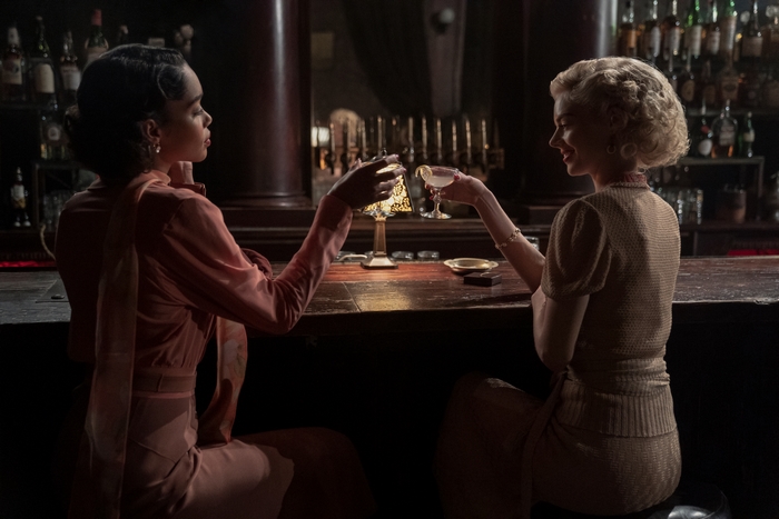 Laura Harrier and Samara Weaving at the bar