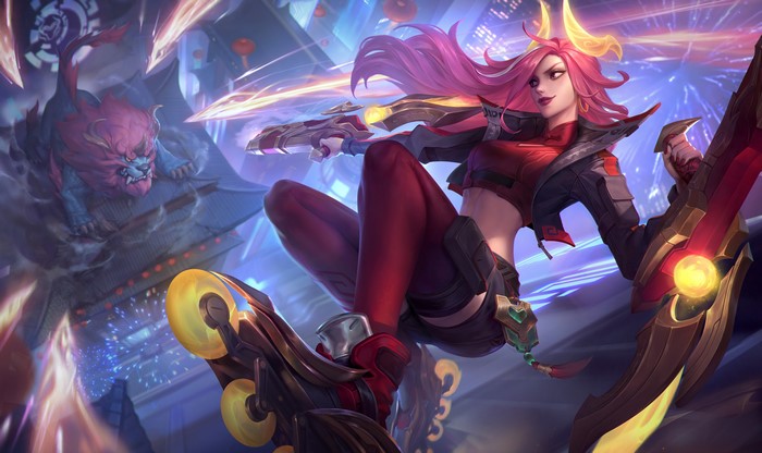 4K, weapon, pink hair, gun, women, drawing, Miss Fortune (League of Legends), smiling, roller skates, creature, fighting, Tina Wei, looking away, League of Legends