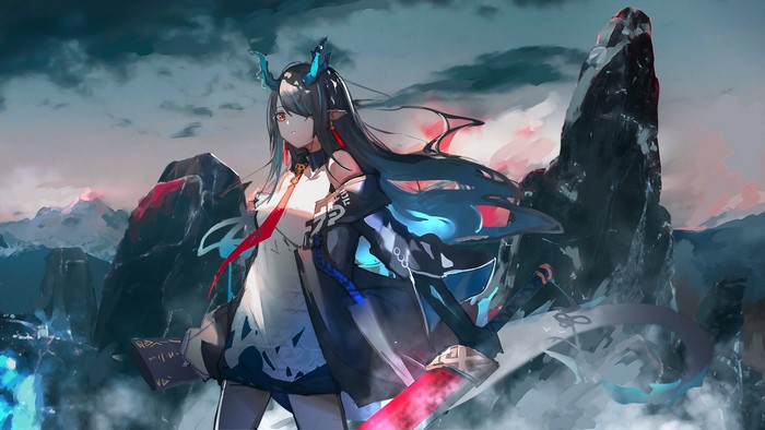 anime, red eyes, mountains, Seymour, anime girls, elf ears, horns, sword, dark hair, Arknights, clouds