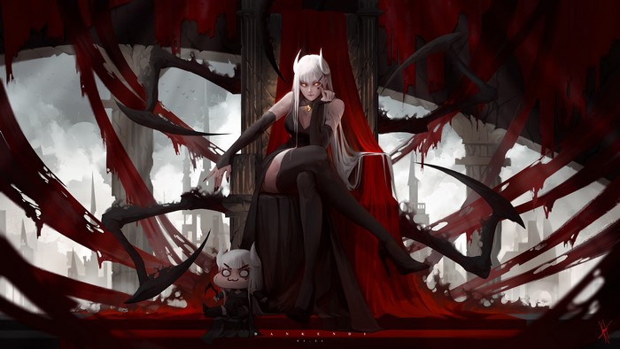 Dead by Daylight, high heels, horns, tights, Entity, Larinha (Flyrie), white hair, anime girls