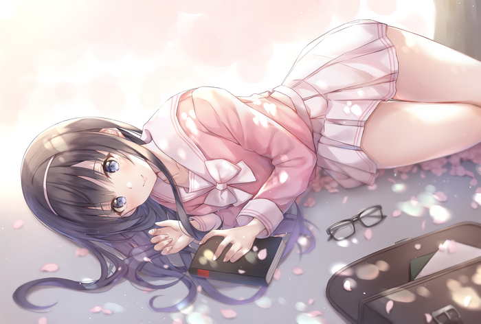 petals, anime girls, headband, glasses, Cuna, school uniform, dark hair, lying on side, thighs, blue eyes, smiling