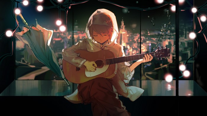 Vocaloid, Lobelia, guitar, instrument, Kagamine Len, closed eyes, anime boys, anime