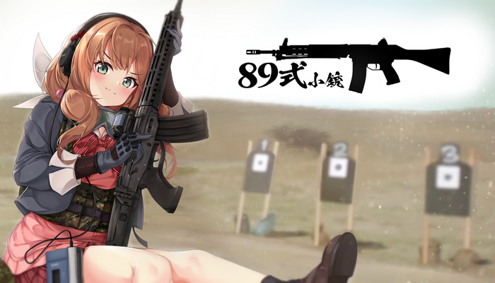 smug face, digital art, headphones, assault rifle, portrait, anime girls, brunette, weapon, 2D, artwork, anime