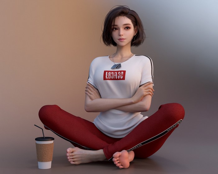 barefoot, legs crossed, Shin JeongHo, looking into the distance, sitting, digital art, arms crossed, women, Asian