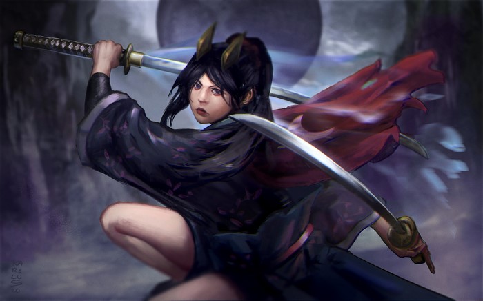 Karolus Wijaya, sword, katana, women, dark hair, artwork, looking at viewer, digital painting, digital art, thighs, ArtStation, drawing
