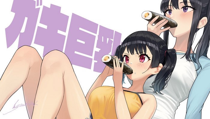 portrait, sushi, food, anime girls, anime, 2D, phallic symbol, blush, purple eyes, anime girls eating, red eyes, artwork, black hair, digital art, Kaedeko
