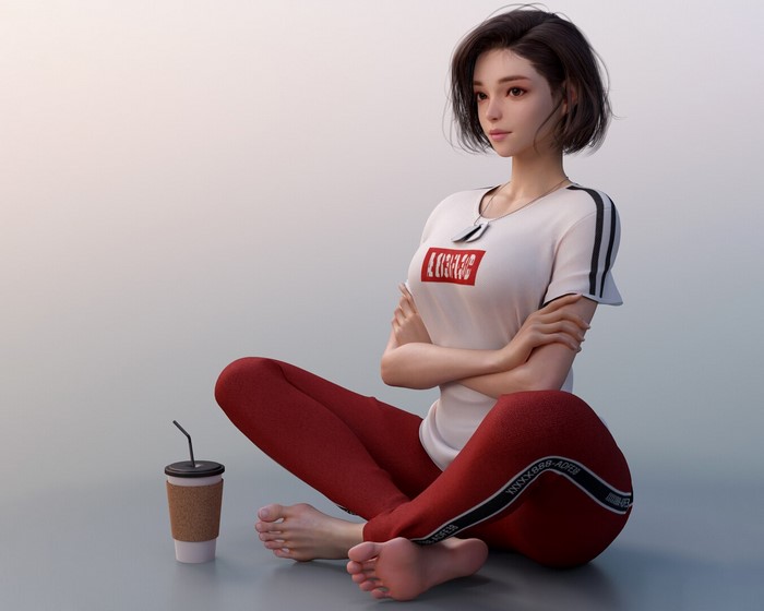 women, Asian, short hair, brunette, CGI, ArtStation, cup, looking away, T-shirt, Dog Tags, barefoot, casual, Shin JeongHo
