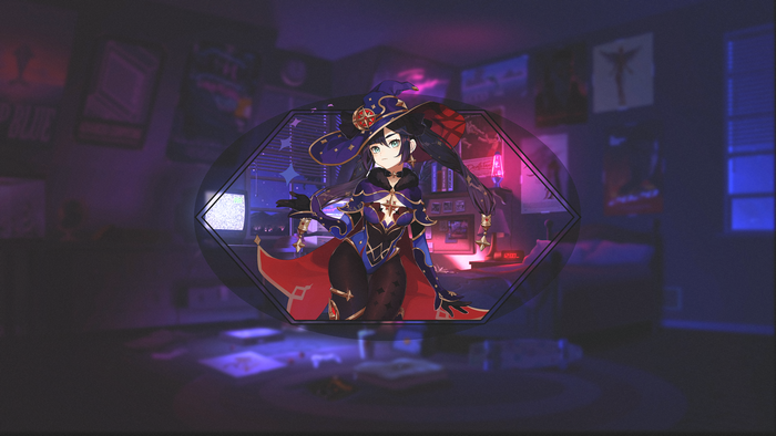 4K, witch hat, picture-in-picture, night, water, anime girls, Genshin Impact, witch, room, fan art, Mona (Genshin Impact), robes