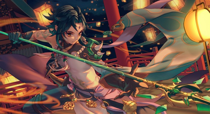 4K, video games, digital art, xiao, Genshin Impact, video game art, spear