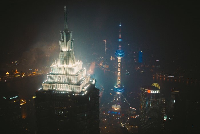 urban, film grain, skyscraper, China, Shanghai, night, mist, city