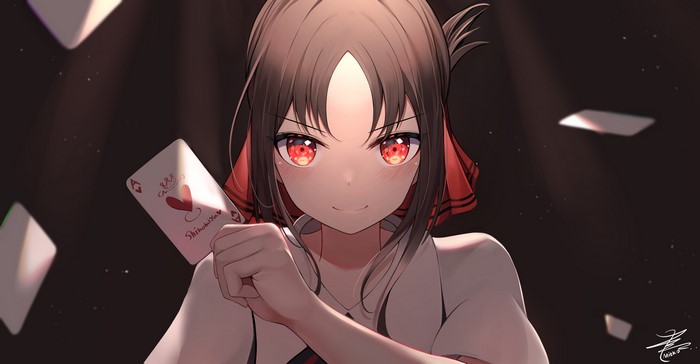 red eyes, smiling, card, brunette, Kaguya-Sama: Love is War, anime, Kaguya Shinomiya, anime girls