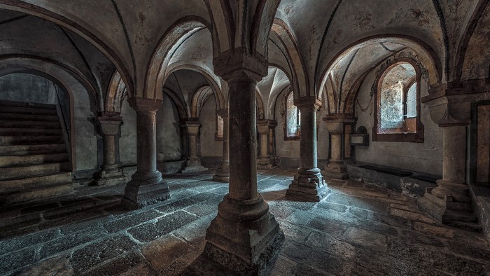 arch, column, stones, interior, architecture, stairs, Gothic, medieval, building