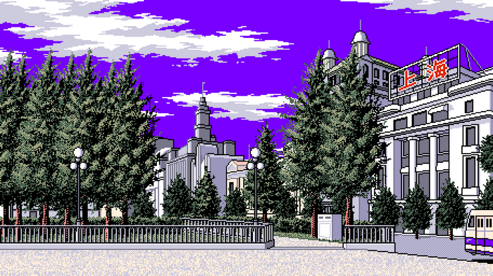 digital art, pixel art, trees, clouds, building, pixels, pixelated, fence, park, purple sky