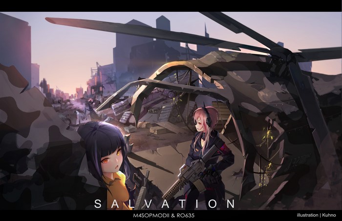 RO635 (Girls Frontline), M4 SOPMOD II (Girls Frontline), Girls Frontline, anime, anime girls, Kuhnowushi, ruins